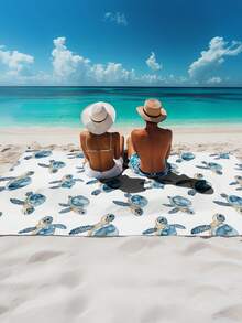 1件 185*235厘米 海龟图案防水防沙大号沙滩毯，轻便易携，适合沙滩、旅行、户外露营、野餐