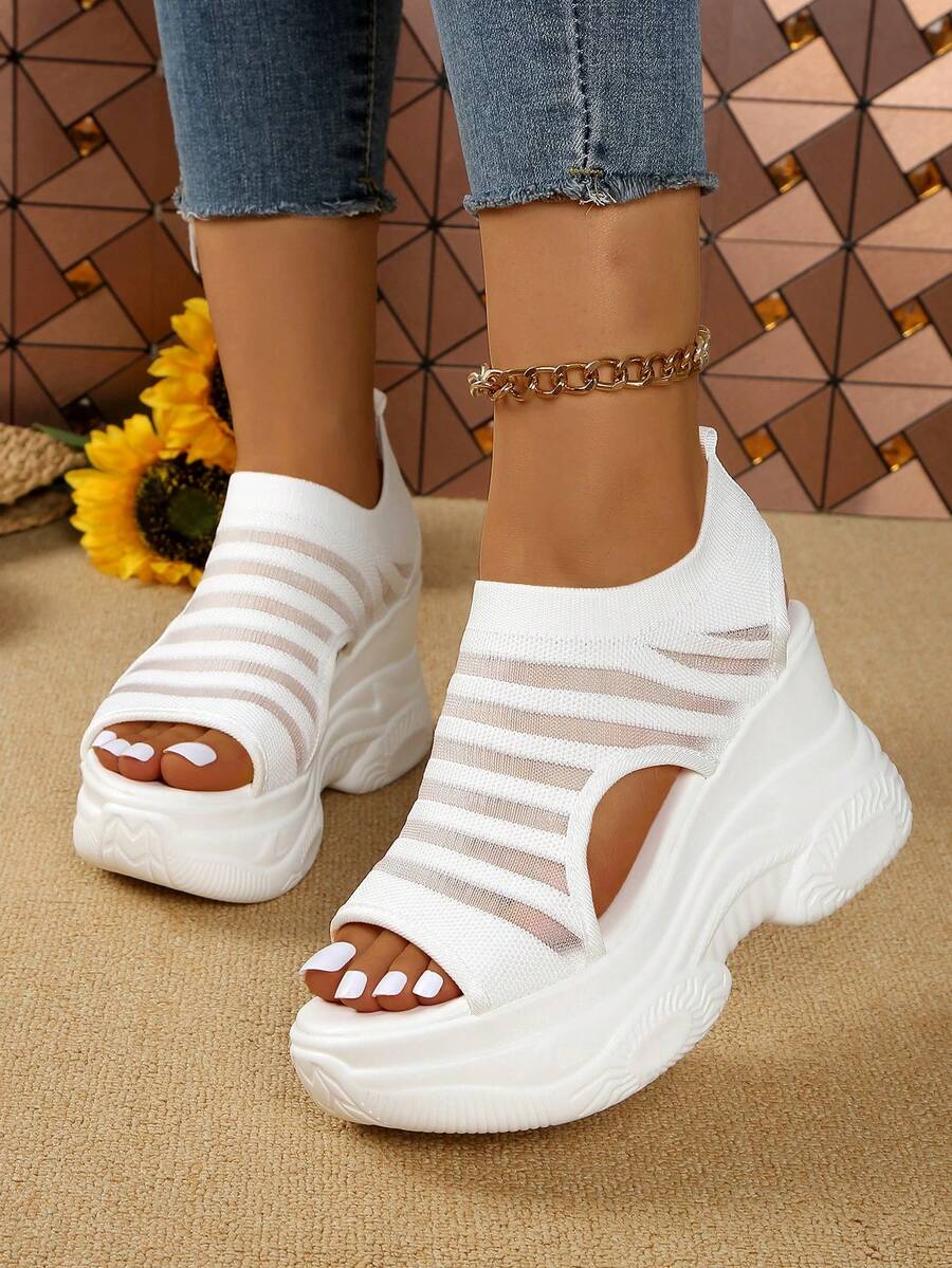Women's Thick Bottom Platform Sandals, Solid Color Athletic Fabric Hollow-Out Wedge Thick Sole Sport Sandals, Outdoor, Summer - White - View 1