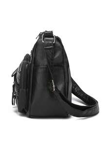 Retro Leather Shoulder Bag Female Multi-Pockets Crossbody Bag Fashion Large Capacity Handbag New Messenger Bag Tote - Black - View 7