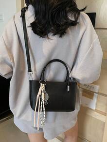 1pc Women Solid Color PU Handbag, Fashion Minimalist Style Bag With Tennis Racket Pendant, Suitable For Office And Commuting - Black - View 6