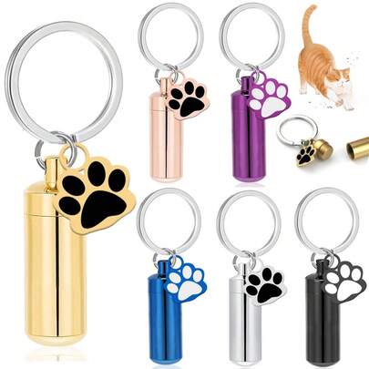 Cylinder Urn Necklaces For Ashes Memorial Keepsake Key Chain Pendant With Paw Print Charm Necklace Stainless Steel Waterproof Cremation Jewelry For Ashes Locket Pendant