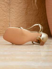 Women's High Heel Sandals, Thin Strap Sandals, Square Toe Sandals, Open Toe Sandals, Kitten Heel Sandals, Elegant Luxury Thin Strap High Heel Sandals, Commuting, Party, Banquet Elegant Lady High Heels, Niche Design Sandals, Standard Size - Gold - View 6