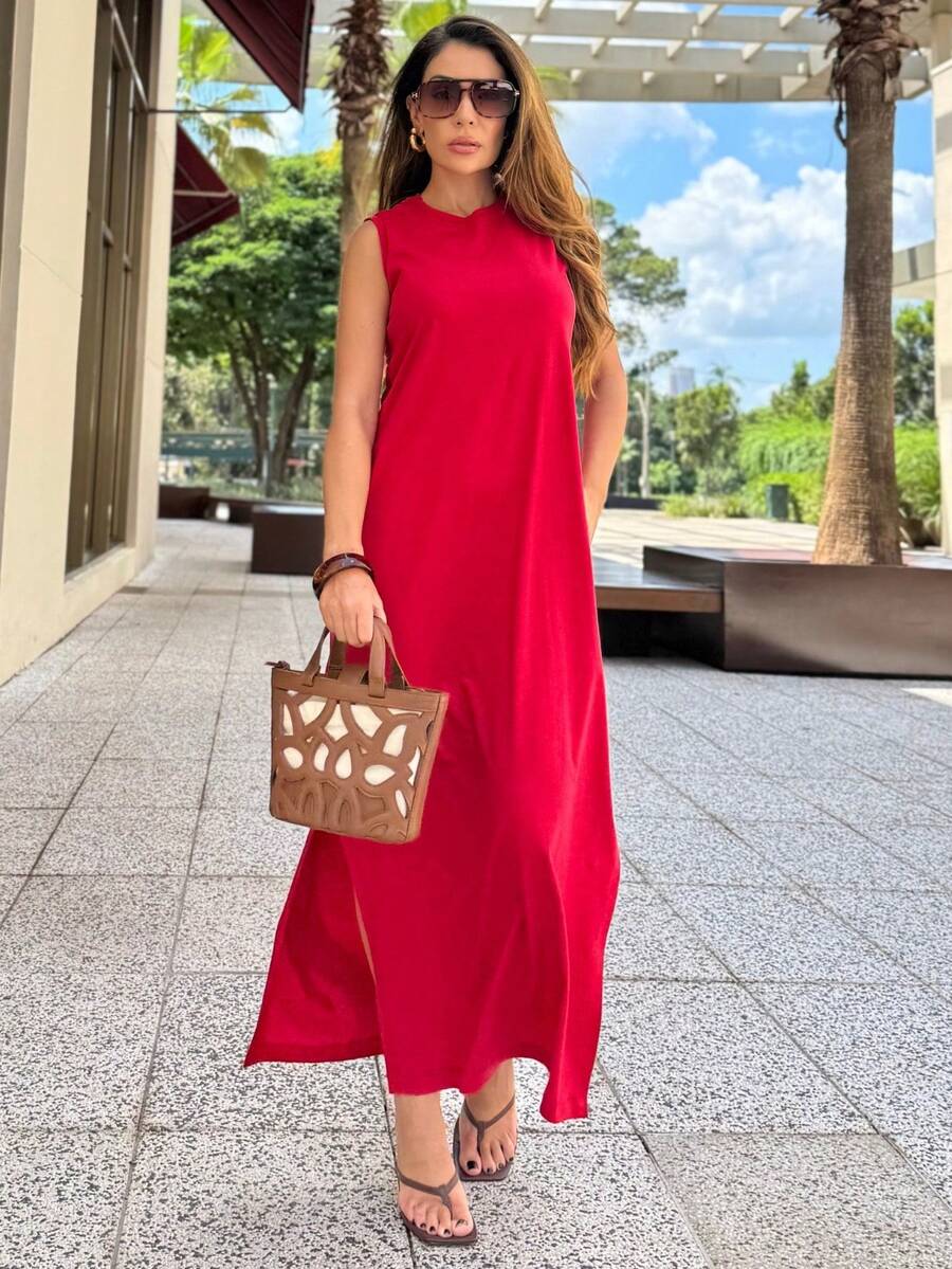 Women's Long Dress With Scoop Neck And Side Slit Elegant Fashion - 紅色 - 查看 1