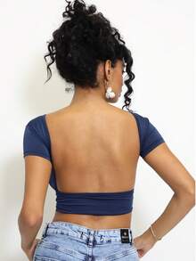 Moderna & Slim Short Sleeve Blouse With Fully Exposed Back - Blouse With Fully Open Back - Teal Blue - View 1