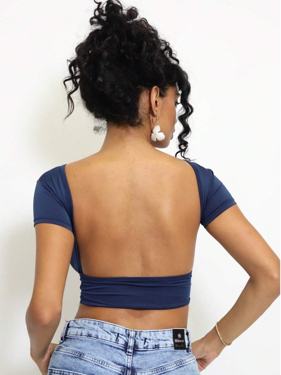 Moderna & Slim Short Sleeve Blouse With Fully Exposed Back - Blouse With Fully Open Back - Teal Blue - View 1