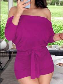 Short Off-The-Shoulder Jumpsuit With Belt Detail - Hot Pink - View 3