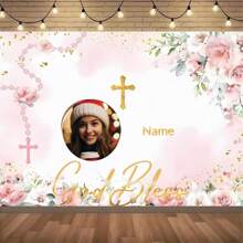 1pc Personalized Customized Name, Blessings, Photo, Rose, Cross Design Baptism, First , Christening Backdrop, Pink Floral Glitter Shower Party Decorative Banner, Multi-Sizes Available