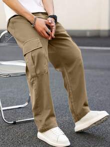 1件青少年/青年休闲直筒口袋裤，时尚街头风户外百搭