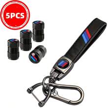 5pcs (1pc Tri-Color Keychain + 4pcs Valve Stem Caps), Fit For Various Vehicle Models, Fashionable Leather Tri-Color Design, Anti-Freeze, Anti-Crack, Metal Clasp Sturdy And Durable, BMW