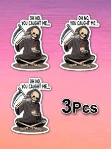 1/3pcs "Oh No You Caught Me" Humorous Stickers, Cartoon Funny Skeleton Drink Coffee Lover Die-Cut, Suitable For Laptop, Water Bottle, Journal, Skins, Guitars, Helmets, Office Supplies, School, Skateboards, Luggage, Water Bottle, And Other Funny Decal