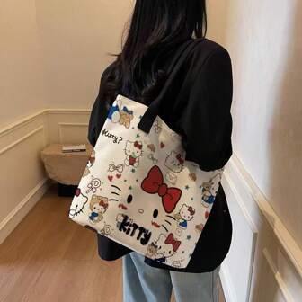 حقيبة كتف كرتونية من كانفاس ساني ريو كيتي القطة قطعة واحدة ، بطانة أزياء وسحاب علوي متنوعة، حقيبة كتف للتسوق والأمومة والنقل