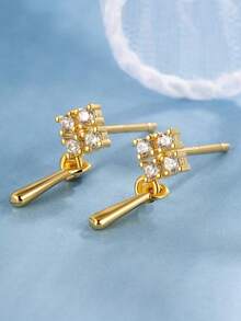 2pcs S925 Sterling Silver 14K Gold Plated Cubic Zirconia Elegant Earrings, Minimalist Fashionable Versatile Earrings - Prismatic Earrings - View 7