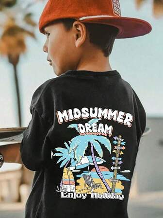 青少年男孩卡通海滩度假棕榈树图案圆领短袖 T 恤，春/夏