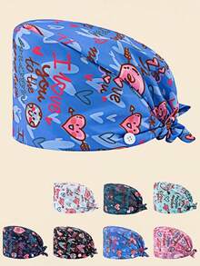 1 件女士涤纶护士帽，印有“Love”字母图案，侧面有白色纽扣，内侧有吸汗带，实用又时尚，适用于美容院、牙科诊所、兽医院和家庭清洁工