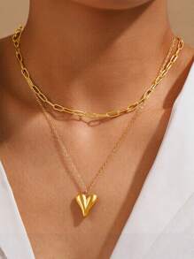 MONALLY Conjunto de 2 collares con colgante de corazón y cadena circular chapado en oro de 18K, acero inoxidable, joyería de oro para mujer, regalo para graduación, baile de graduación, accesorio diario, aniversario