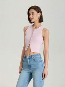 Chaleco corto de punto de unicolor, con cuello redondo, botón delantero y sin mangas