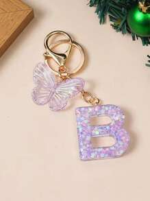 1 Creative Keychain With Alphabet Stone Drops Glue Resin Accessories Butterfly Fringe Alphabet Pendant Keychain Girl