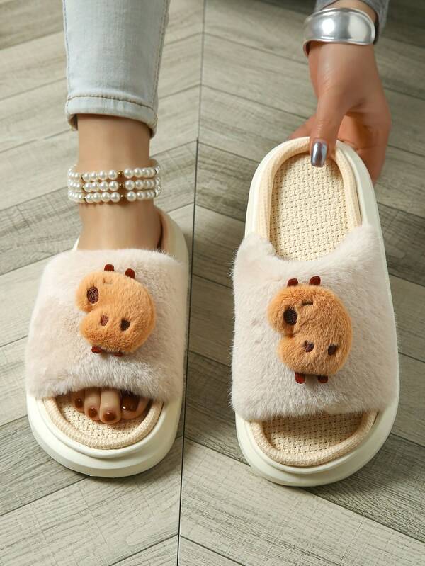 New Women Cute Capybara Open-Toe Linen Slippers, Breathable Non-Slip Quiet Fuzzy Sandals, Suitable For All Season