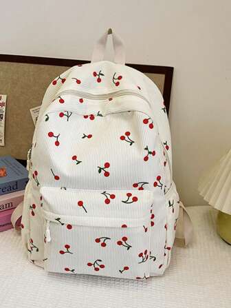 1 件白色灯芯绒休闲樱花印花大容量可折叠轻便多口袋拉链背包，适合青少年、初中/高中/大学生、毕业、日常课程、培训、女性通勤、购物、旅行、物品存储、返校、毕业季、学生礼物、春游必备