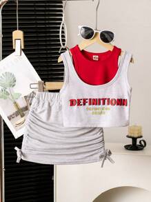 2pcs/Set Girls Casual Faux Two Pieces Colorblock Letter Print Sleeveless Top And Mini Skirt Set