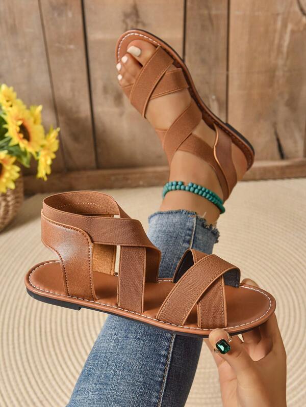 Women's Fashion Crossover Elastic Strap Flat Sandals, Comfortable Loose Fit Elegant Lightweight Versatile Outdoor Casual Beach Sandals