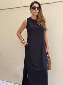 Women's Long Dress With Scoop Neck And Side Slit Elegant Fashion - 黑色 - 查看 1