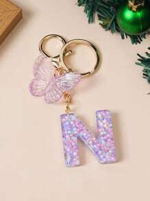 1 Creative Keychain With Alphabet Stone Drops Glue Resin Accessories Butterfly Fringe Alphabet Pendant Keychain Girl
