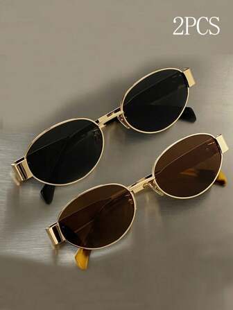 Two Pairs Of Retro Bohemian Metal Oval-Shaped Frame Fashionable Glasses In Color Block The Bohemian Vacation Atmosphere, Summer Beach Vacation, Outdoor, Travel, Retro Style Oval-Shaped Frame Outdoor Wear, Back To School,It Is The Perfect Gift For Christmas Or Valentine's Day