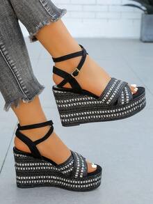 Women's Fashion Bohemian Party Rhinestone Rivet Studded Thick Bottom Wedge Sandals - Black - View 2