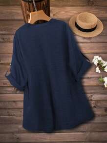 Plus Size Casual Solid Color Button Decoration Cutout Neck Blouse