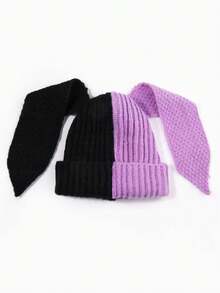 1 件女式多色拼布针织长款兔耳朵无檐小便帽，可爱大头围撞色针织帽，秋冬