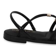 Zapato Sandalia De Piso Negra Con Tiras Y Herrajes Dorados, Plantilla Sintética, Calzado Casual Y Elegante Para Mujer, Sandalias Planas Cómodas De Material Sintético - Negro - Ver 6