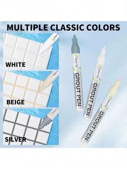 Caneta para reparo de rejunte de azulejos, caneta para preenchimento de rejunte para reparo de rachaduras em azulejos, paredes e pisos de banheiros e cozinhas, com 2 pontas extras (3 mm) em branco/amarelo cremoso/cinza frio, de volta às aulas