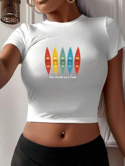 Typography Five Vertically Aligned Kayaks Women's Fashion Short T-Shirt