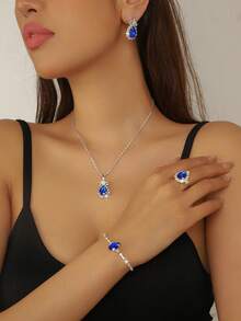 最新韩版时尚优雅水滴水晶首饰套装小众ins彩色水晶吊坠项链耳环戒指套装新娘