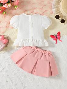 2pcs Baby Girls Cute Lantern Sleeve Floral Top And Ruffle Bow Skirt Set - Multicolor - View 2