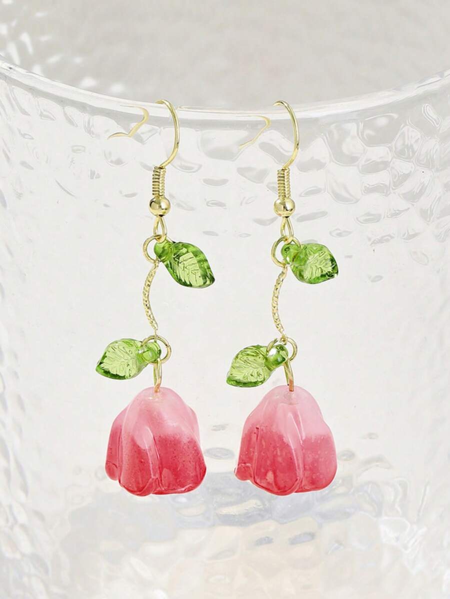 1 Pair Sweet Tulip Leaf Design Earrings, Delicate Floral Drop Earrings, Nature Inspired - Multicolor - View 1