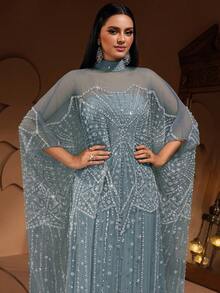 AMILUCK 奢华亮片蕾丝宽松蝙蝠袖 H 型外套，带弹性内衬，女士优雅两件套土耳其阿拉伯长袍连衣裙，适合正式晚宴、婚礼、派对（尺码偏大，请在订购时查看尺码表） - 藍色 - 查看 7