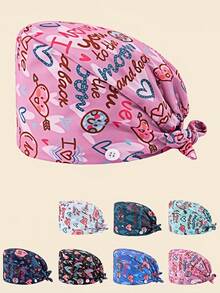 1 件女士涤纶护士帽，印有“Love”字母图案，侧面有白色纽扣，内侧有吸汗带，实用又时尚，适用于美容院、牙科诊所、兽医院和家庭清洁工