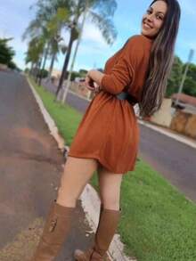 Short Wool Dress With Long Sleeves - 駝色 - 查看 2