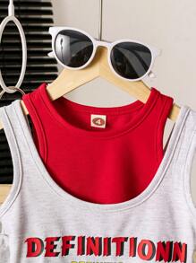 2pcs/Set Girls Casual Faux Two Pieces Colorblock Letter Print Sleeveless Top And Mini Skirt Set
