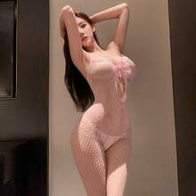 无缝提花性感连体睡衣，镂空紧身渔网睡衣，诱人黑色丝绸情感制服 - 淺粉色 - 查看 2