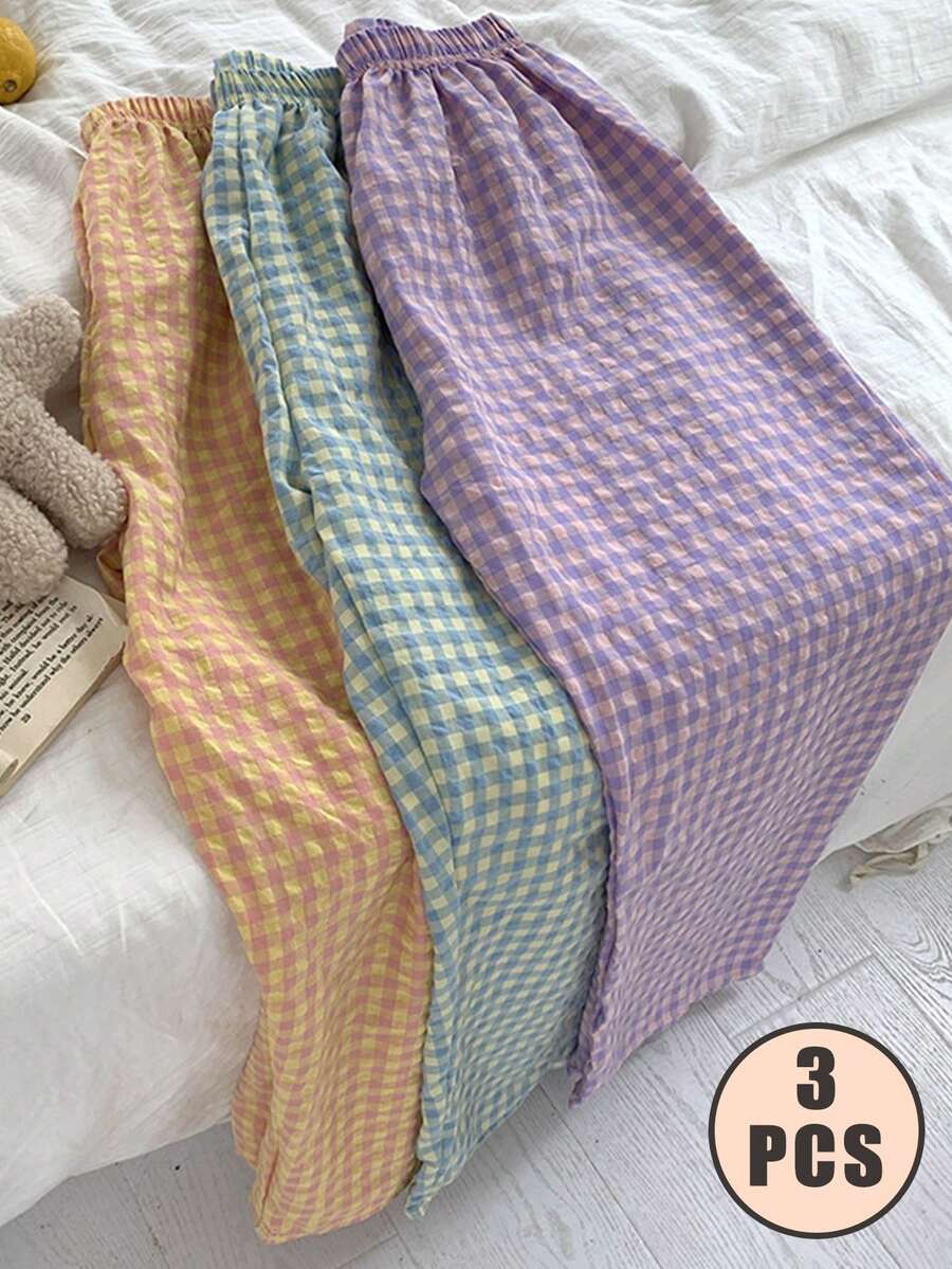 3pcs Women's Crinkled Linen Plaid Pants - Cottagecore Dopamine Color Sleepwear Set, Sweet & Breathable Lounge Pants For Spring/Summer, Cozy Home To Park Outfits - 彩色 - 查看 1