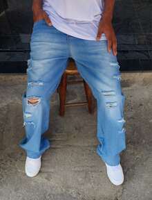 Original Plus Size Men's Dazzling Balloon Jeans Wide Leg Pants - 薄荷藍 - 查看 2