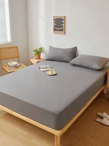 3 件套浅灰色绒面柔软舒适床笠套装（1 * 床笠 + 2 * 枕套），适用于卧室和客房 - 灰色 - 查看 8