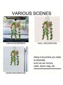 1 Stück handgefertigter gehäkelter süßer Pflanzenauto-Rückspiegel-Anhänger, kreative Auto-Dekoration