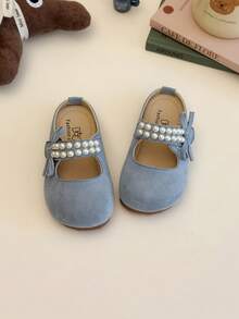 Toddler Girls Cute Blue Summer Flats, Pearl Bow Slip-On Sandals Soft Bottom Flat Shoes - Blue - View 4