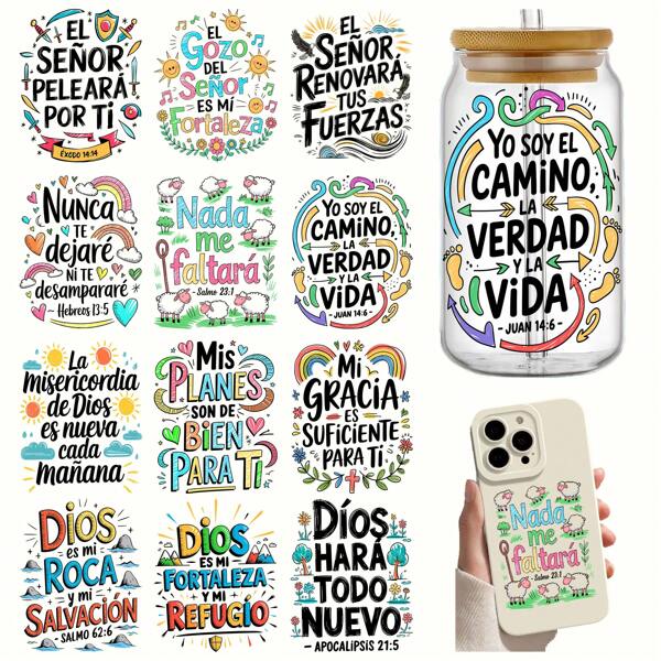12 Pcs/Set Spanish Bible Verses Religious Phrases Graphic UV DTF Mug Transfer Paper - Waterproof UV DTF Mug Transfer Sheet For Arts And Crafts, DIY Decoration, School Crafts - Easy To Apply, Versatile For Mugs, Cups, Bottles, Laptops, Helmets, School Supplies And More, Gifts For Christian