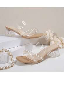 Sandalias de tacon grueso de verano para mujer de talla grande, estilo europeo, con diseño de perla, cómodas, transparente. Adecuadas para uso casual, playa y verano. Zapatos abiertos de tacón alto, elegantes y sexy. Cómodos sandalias de tacón alto color albaricoque.