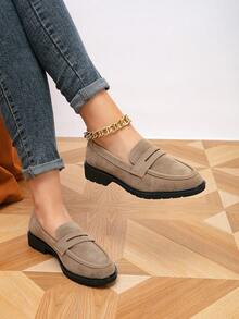 2025年秋季女士平底乐福鞋圆头舒适休闲鞋厚底复古一脚蹬平底鞋 - 卡其色 - 查看 4